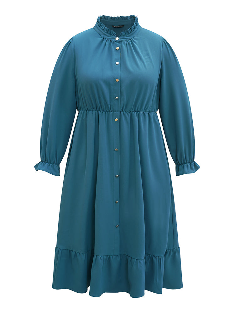 Static-Free Stand Collar Pleated Ruffles Dress