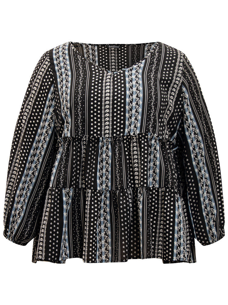 Boho Print Frill Trim Ruffle Layered Hem Blouse