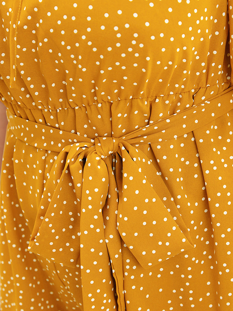 Polka Dot Ruffles Ties Pocket Belted Off Shoulder Jumpsuit