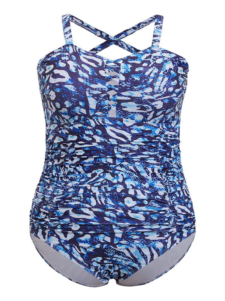 Leopard Print Ruched Crisscross Front One Piece Swimsuit