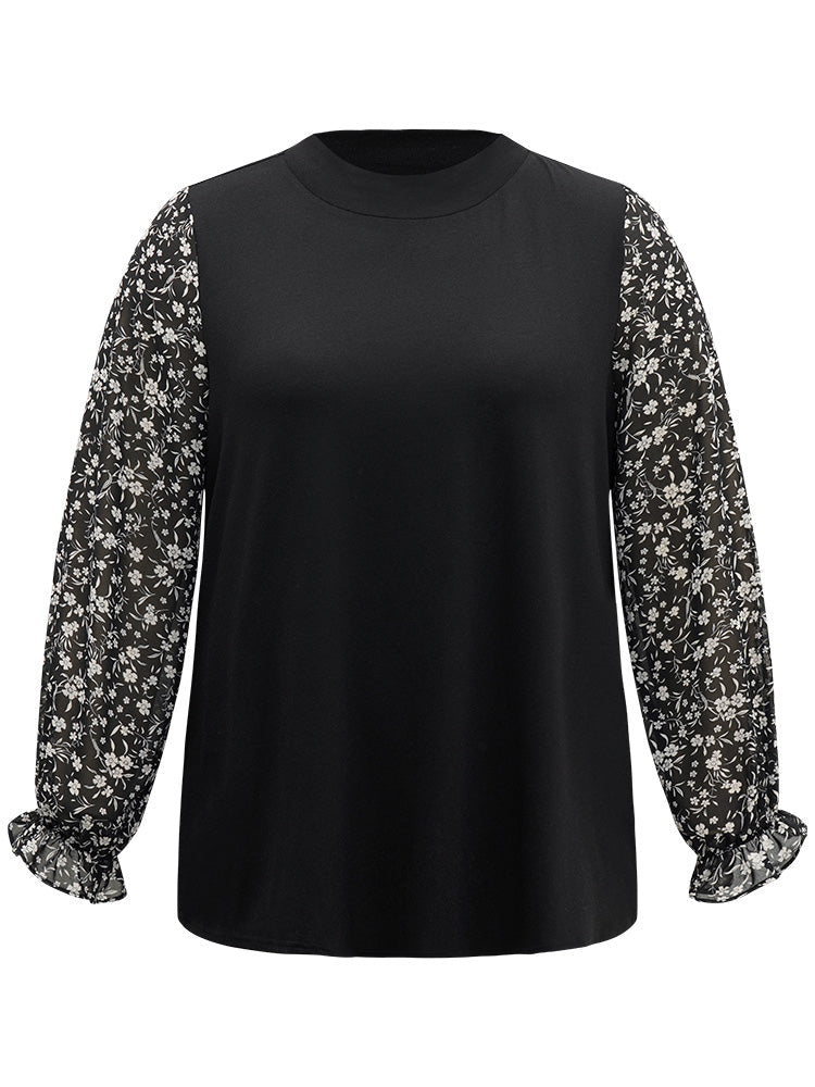 Chiffon Ditsy Floral Patchwork Lantern Sleeve T-shirt