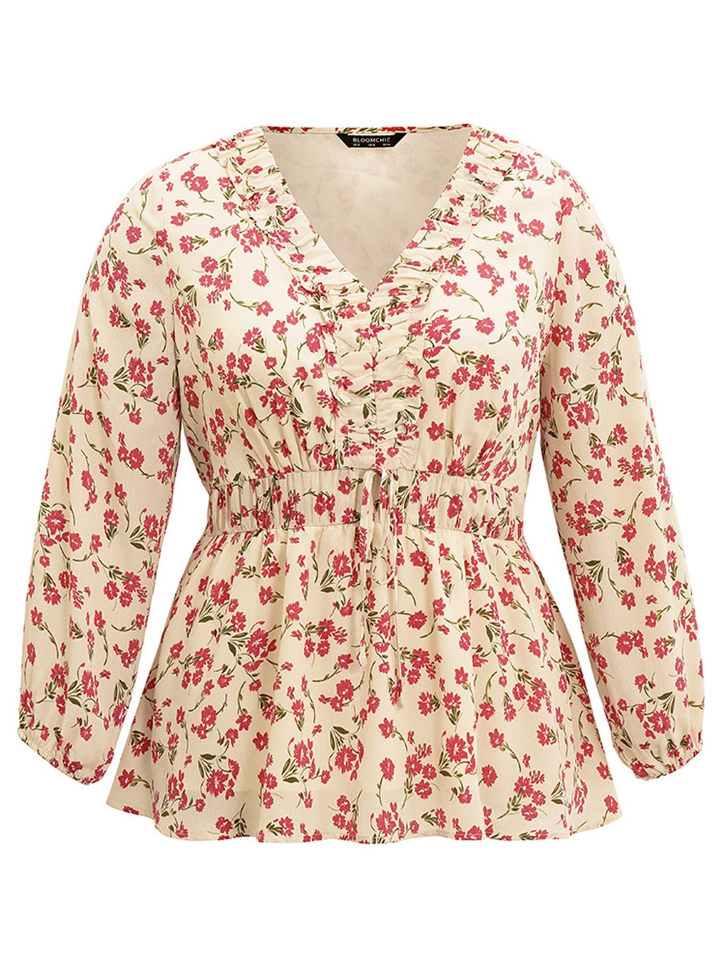 Ditsy Floral Elastic Waist Ties Ruffles Blouse