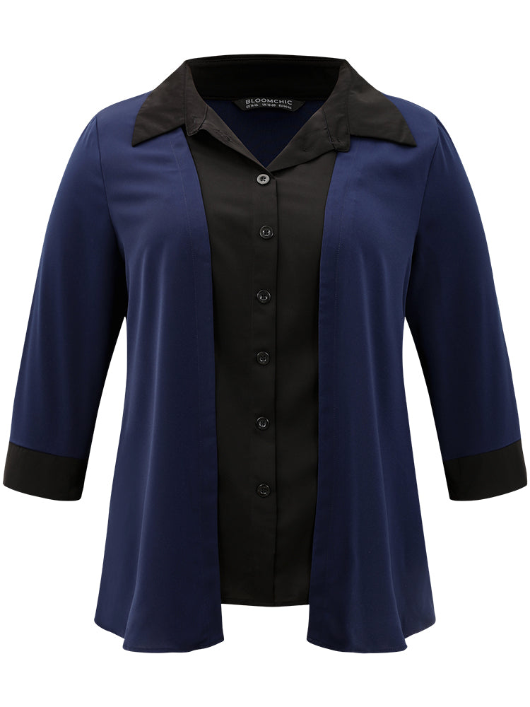 Contrast Patchwork Shirt Collar Button Through Blouse