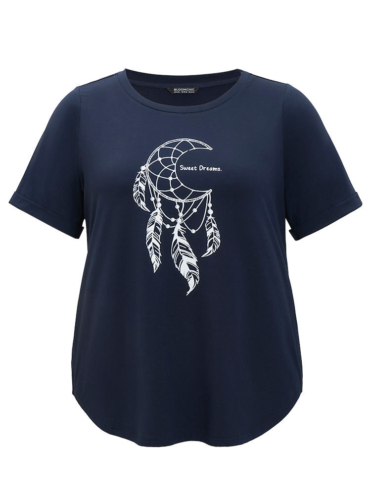Dream Catcher Print Arc Hem Cuffed Sleeve T-shirt