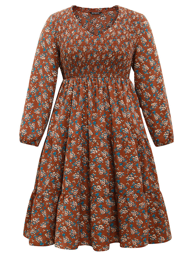 Ditsy Floral Shirred Flutter Layered Hem Dress