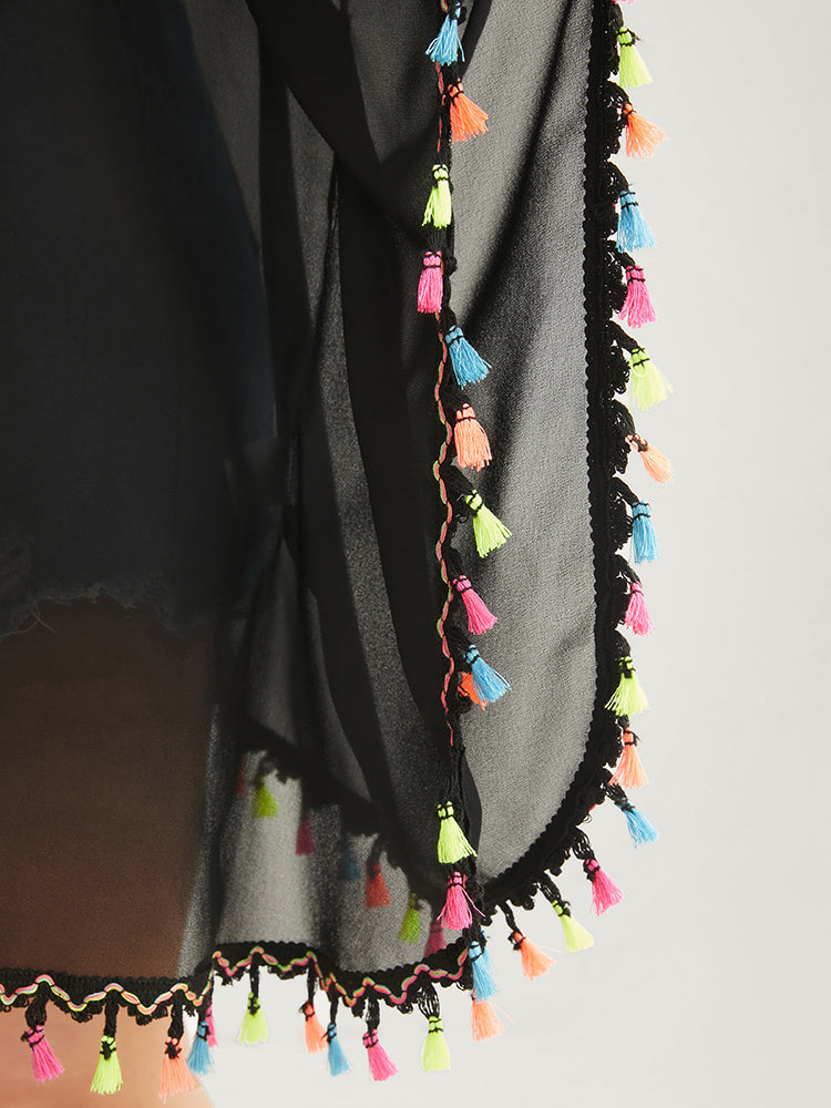 Plain Open Front Color Tassels Trim Kimono