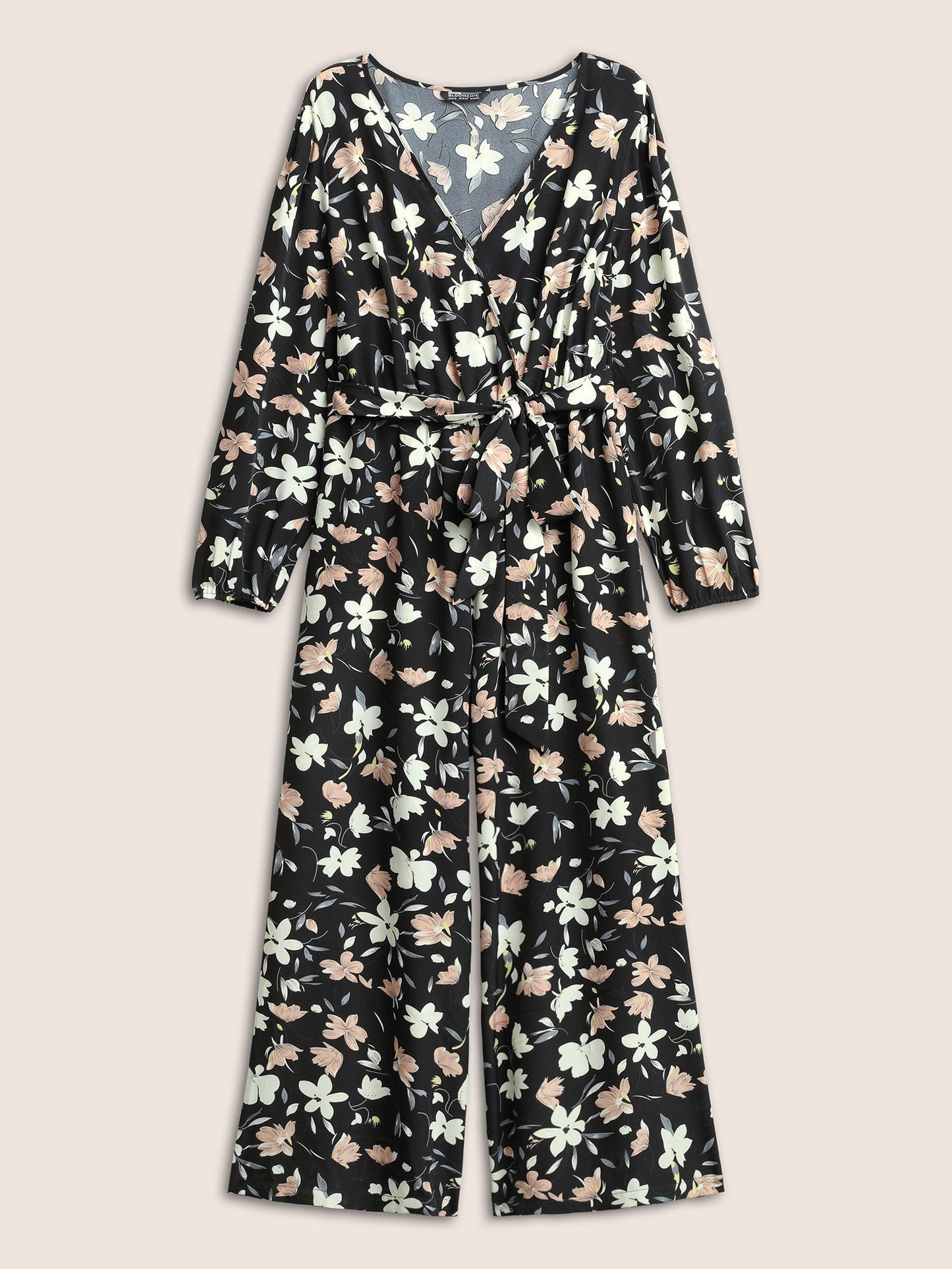 Floral Elastic Waist Belted Wrap Jumpsuit