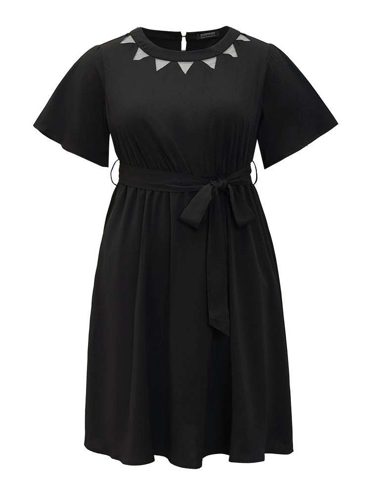 Anti-Wrinkle Solid Flutter Belted Pocket Mesh Cut Out Dress