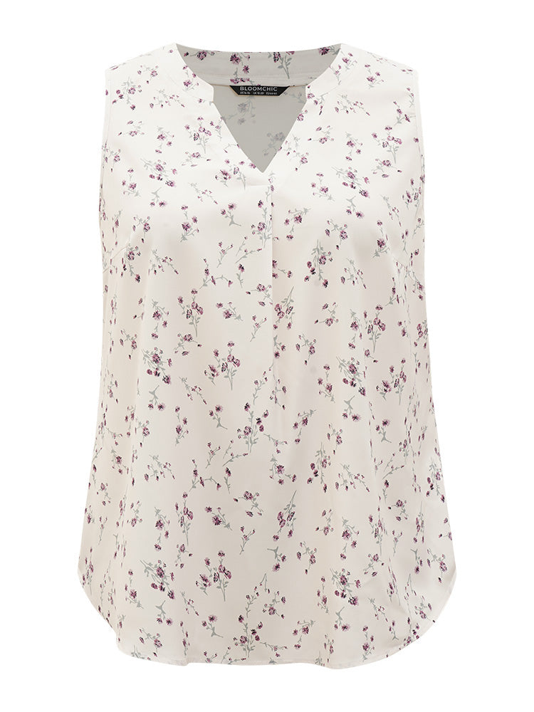 Ditsy Floral Pleated Notched Arc Hem Tank Top