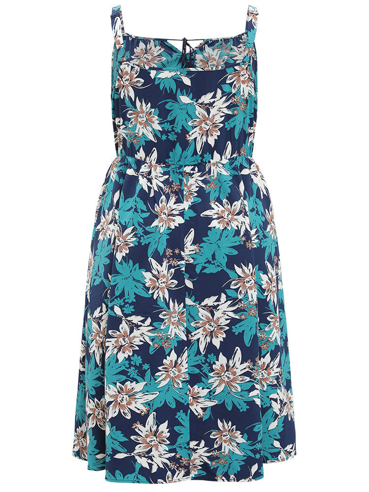 Floral Tassels Ruffle Hem Pocket Notched Cami Dress