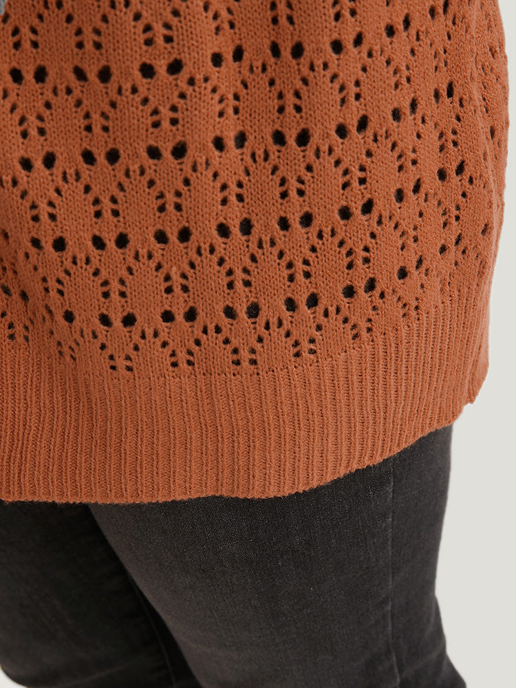 Plain Pointelle Knit Open Front Asymmetrical Cut Out Cardigan