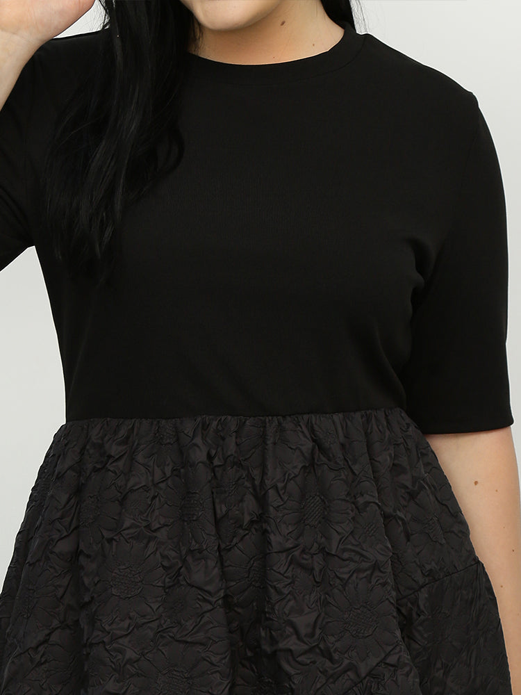 Shirred Short Sleeve Round Neck Dress