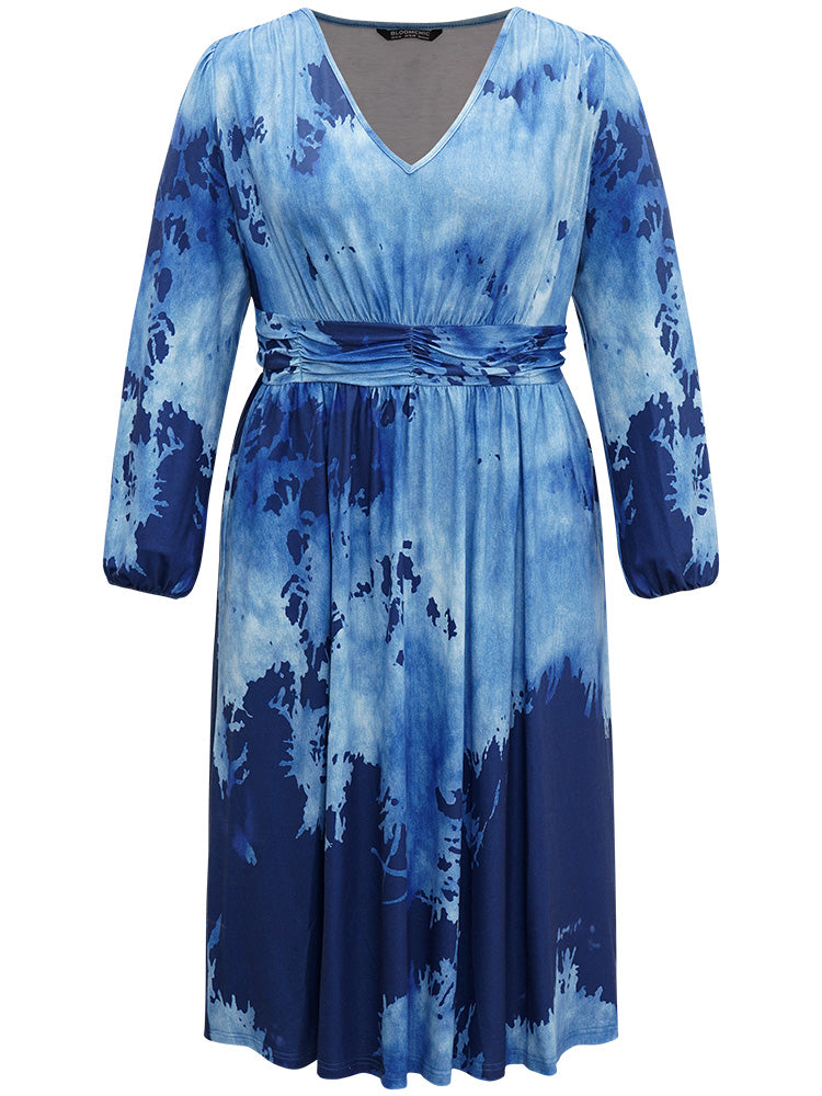 Tie Dye Ruched Pocket Lantern Sleeve Dress