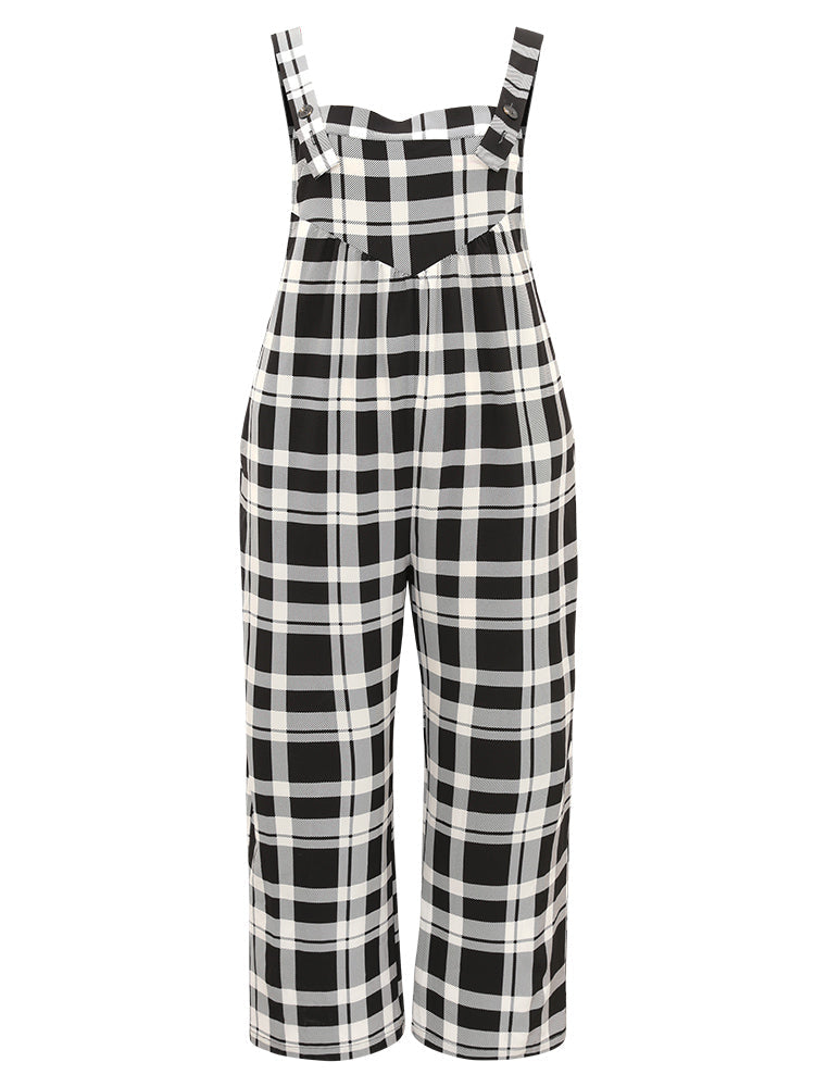 Plaid Pocket Button Up Adjustable Straps Jumpsuit