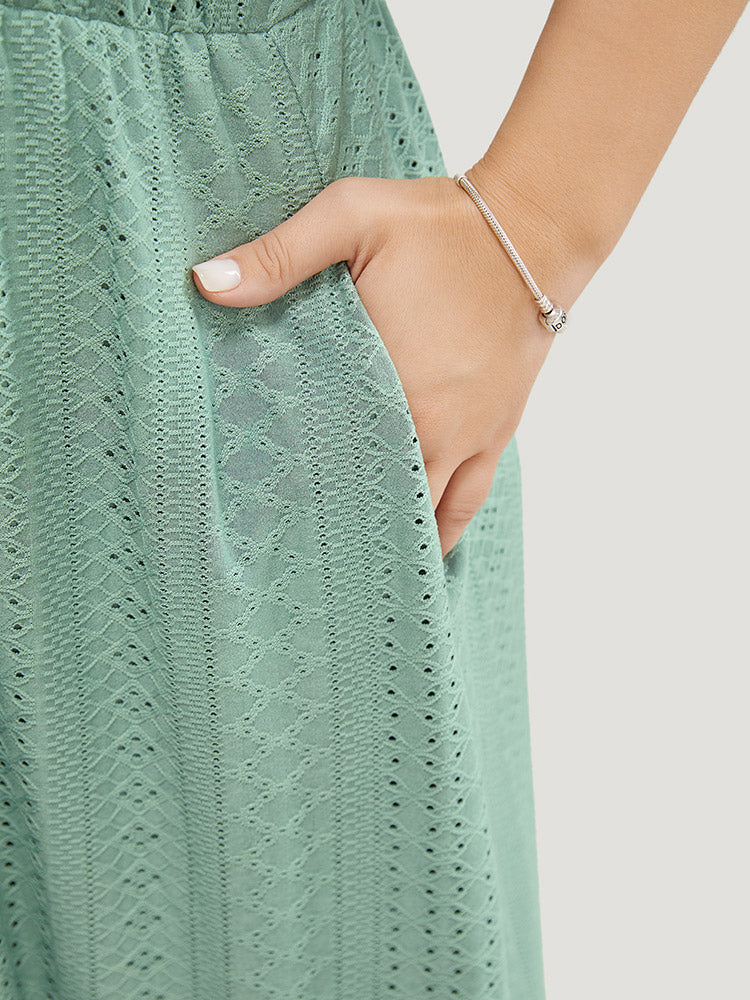 Solid Ruffle Sleeve Pocket Contrast Lace Broderie Anglaise Dress