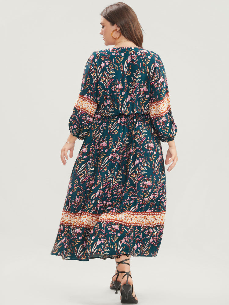 Floral Lantern Sleeve Pocket Pleated Flutter Hem Maxi Dress