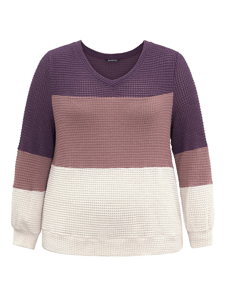 Waffle Knit Colorblock Contrast V Neck T-shirt