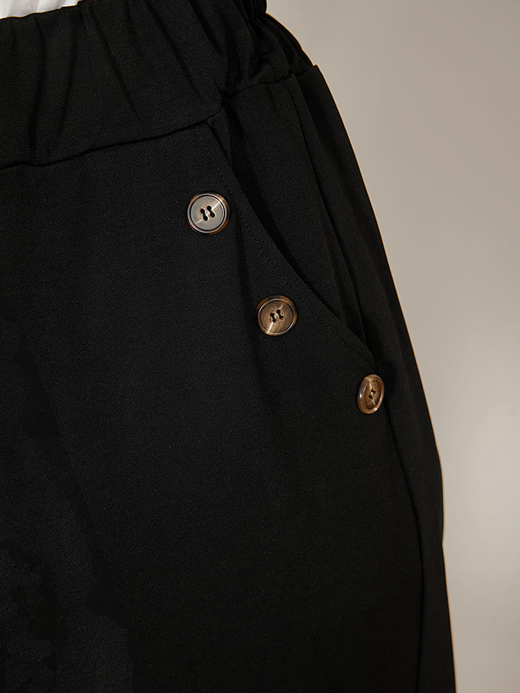 Solid Elastic Waist Button Detail Pocket Wide Leg Pants