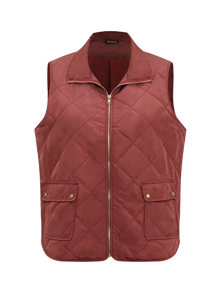 Solid Zipper Quilted Flap Pocket Vest