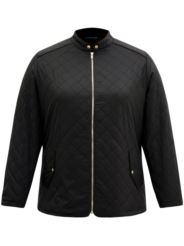 Plain Quilted Zipper Button Detail Jacket