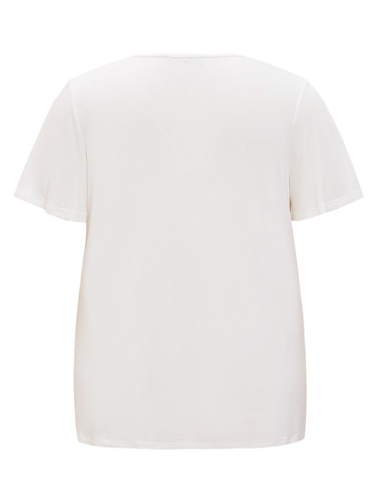 Floral Embroidered Ruffle Sleeve Keyhole Neck T-shirt