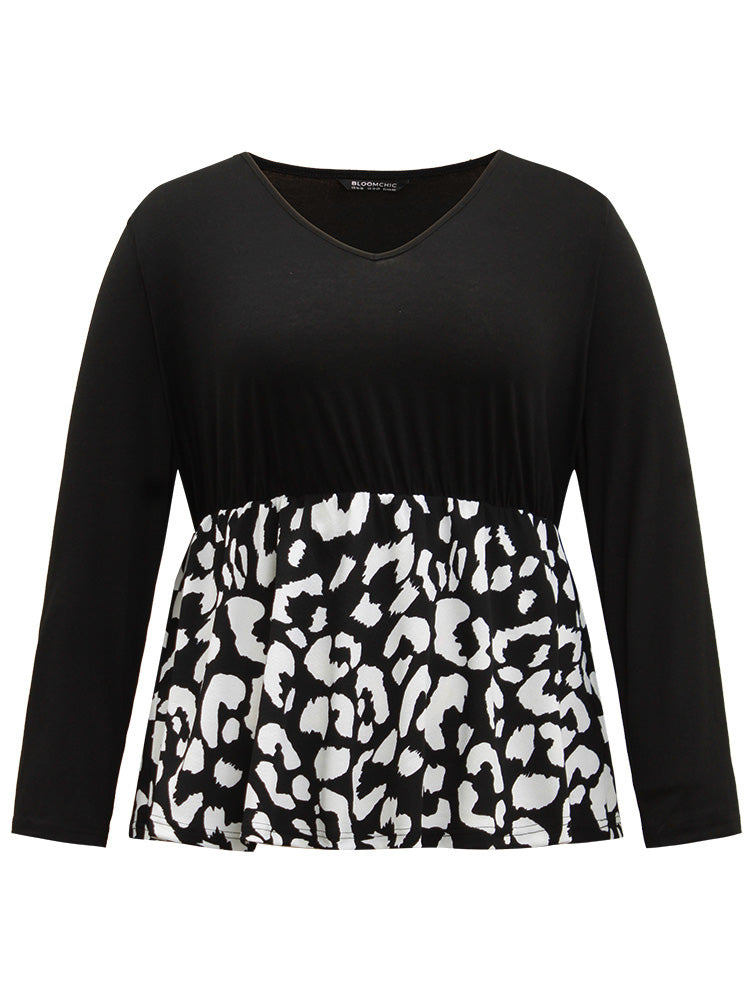 Leopard Print Patchwork Gathered T-shirt