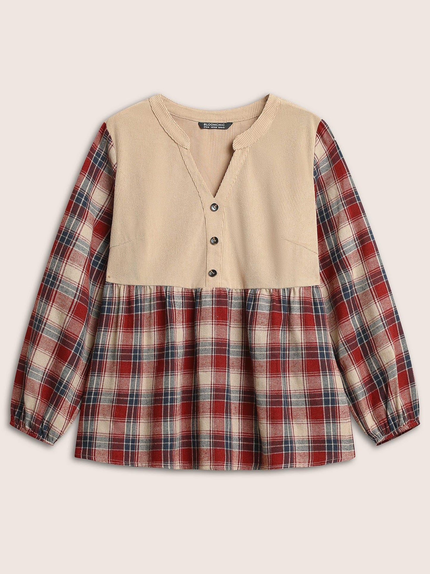 Corduroy Patchwork Plaid Notched Button Detail Blouse