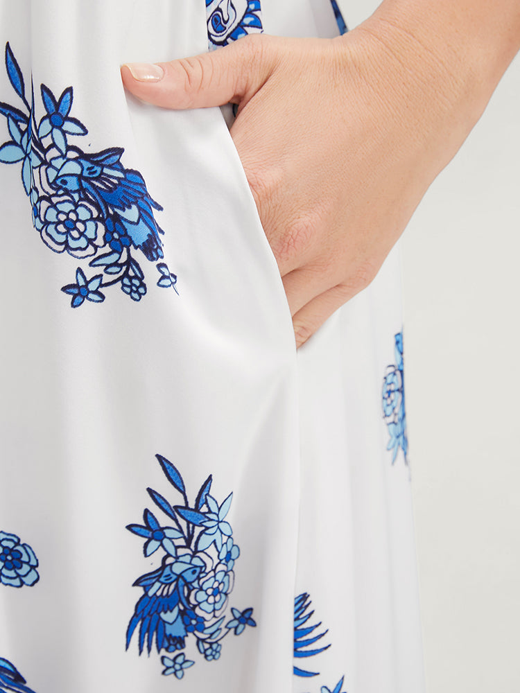 Bandana V Neck Pocket Shirred Button Detail Dress