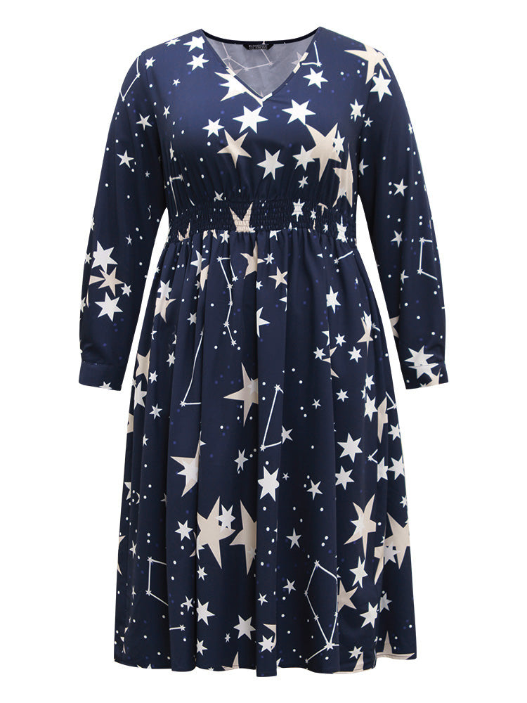 Star Geometric Shirred Pocket Dress