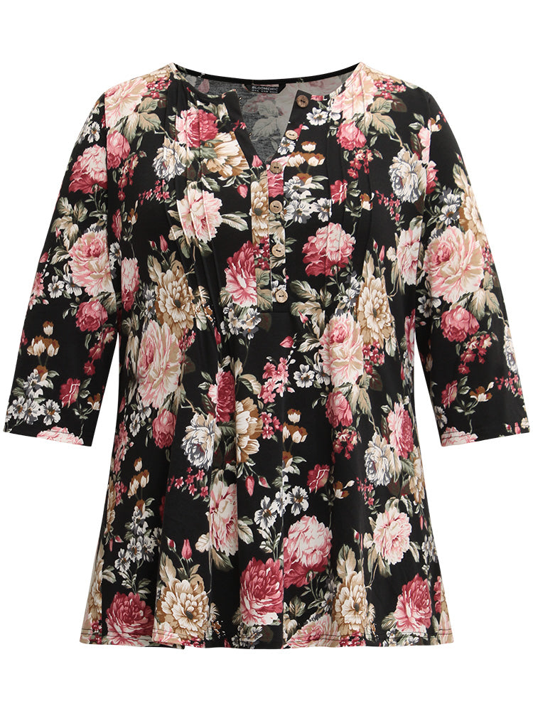Floral Print Pleated Button Up T-shirt