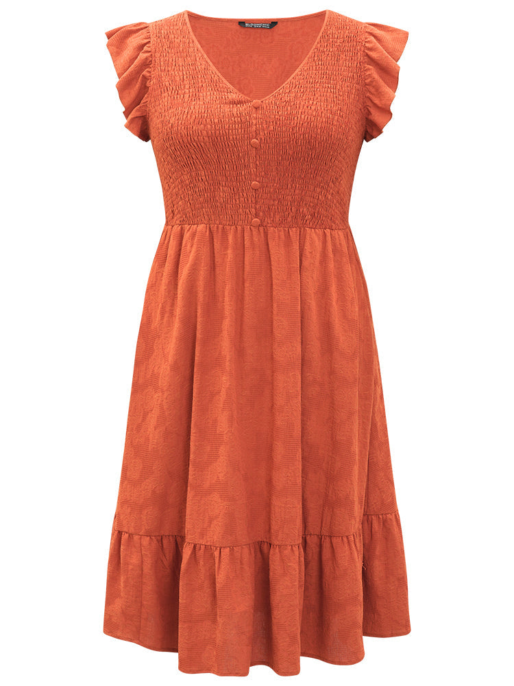 Plain Textured Button Detail Shirred Ruffle Cap Sleeve Dress