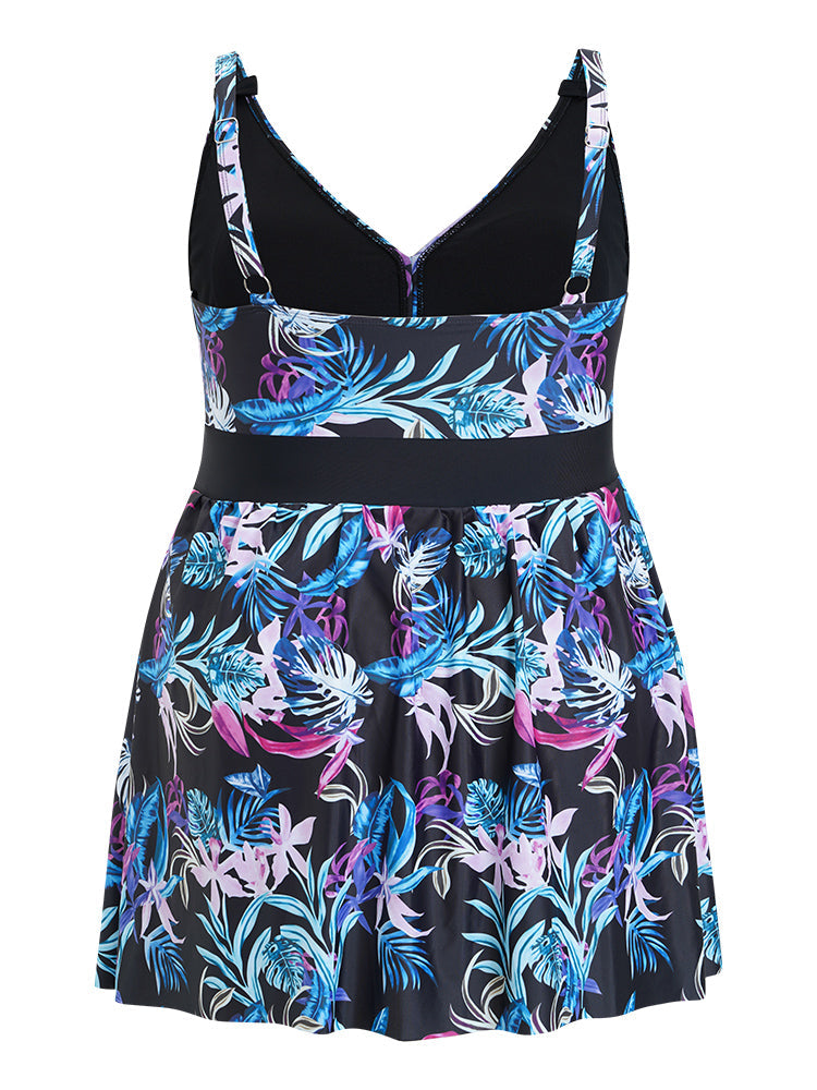 Tropical Print Empire Waist Ruffles Swim Dress