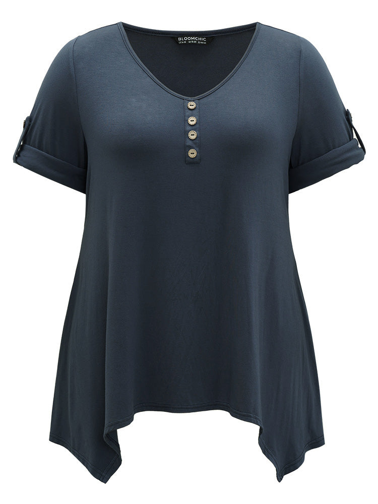 Supersoft Essentials Asymmetrical Hem Roll Sleeve Button Detail T-shirt