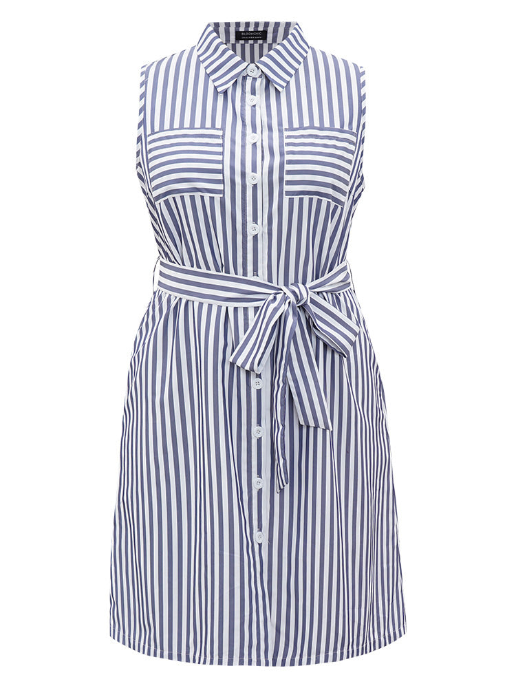 Striped Shirt Collar Button Through Belted Sleeveless Dress