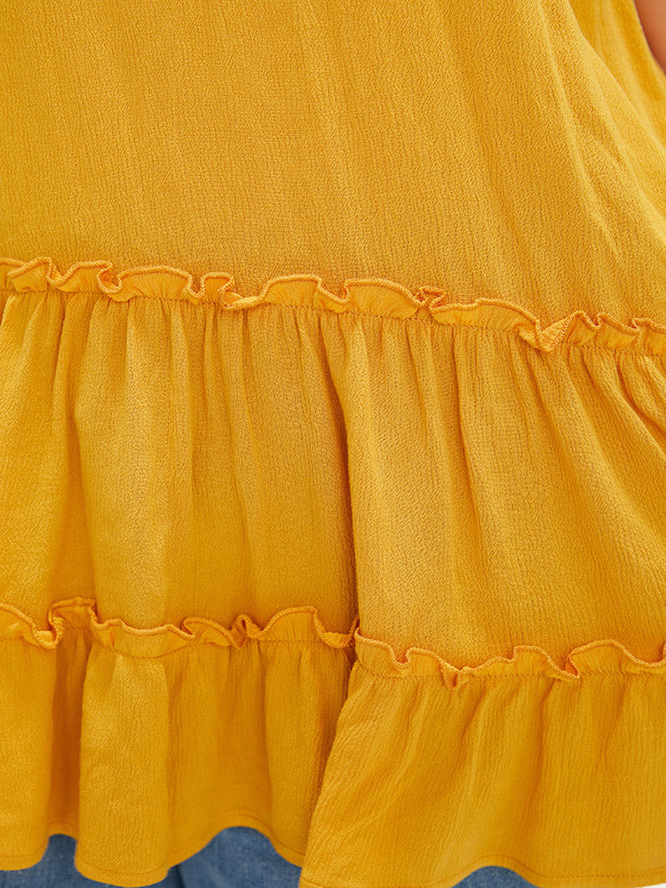 Solid Frill Trim Knotted Front Ruffle Hem Halter Top