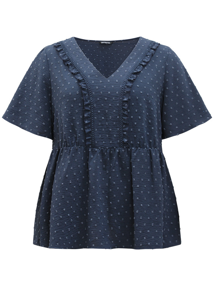 Plain Texture V Neck Lace Patchwork Frill Trim Blouse