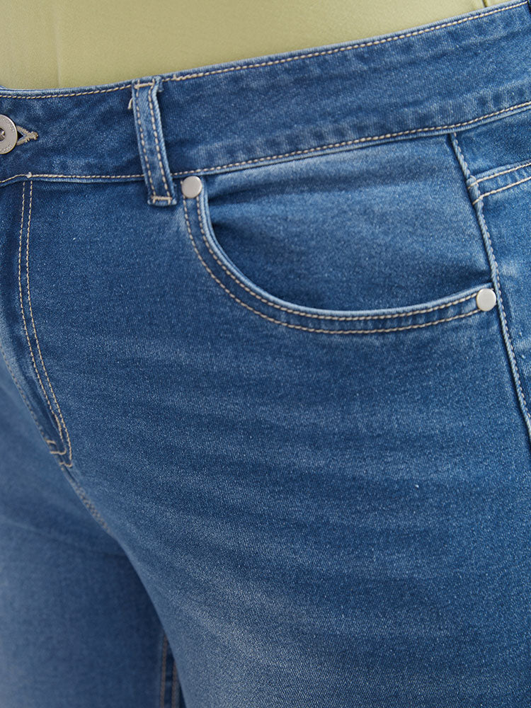 Very Stretchy High Rise Medium Wash Floral Embroidered Jeans