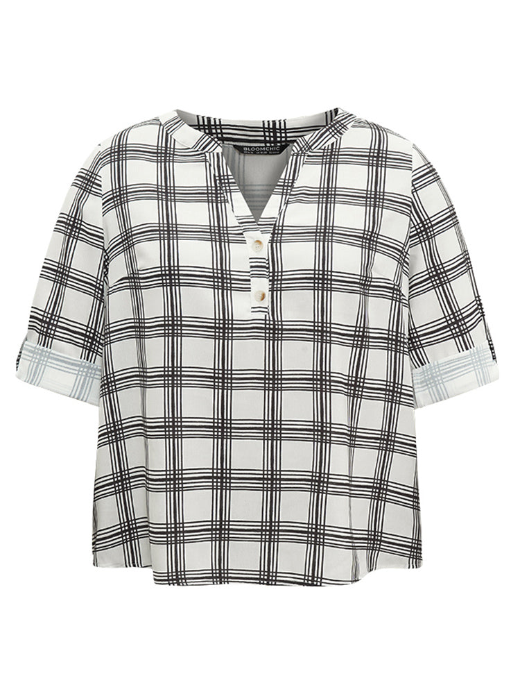 Plaid Tab Sleeve Button Up Notched Blouse