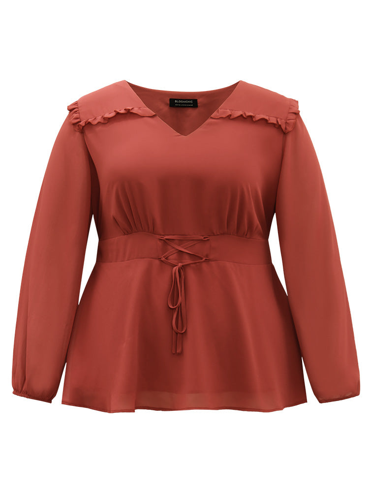 Chiffon Lace Up Shirred Frill Trim Blouse