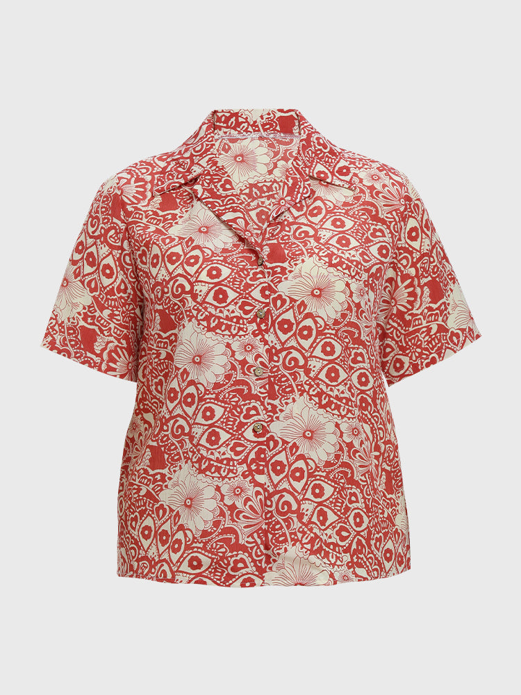 Lapel Paisley Print Short Sleeve Blouse