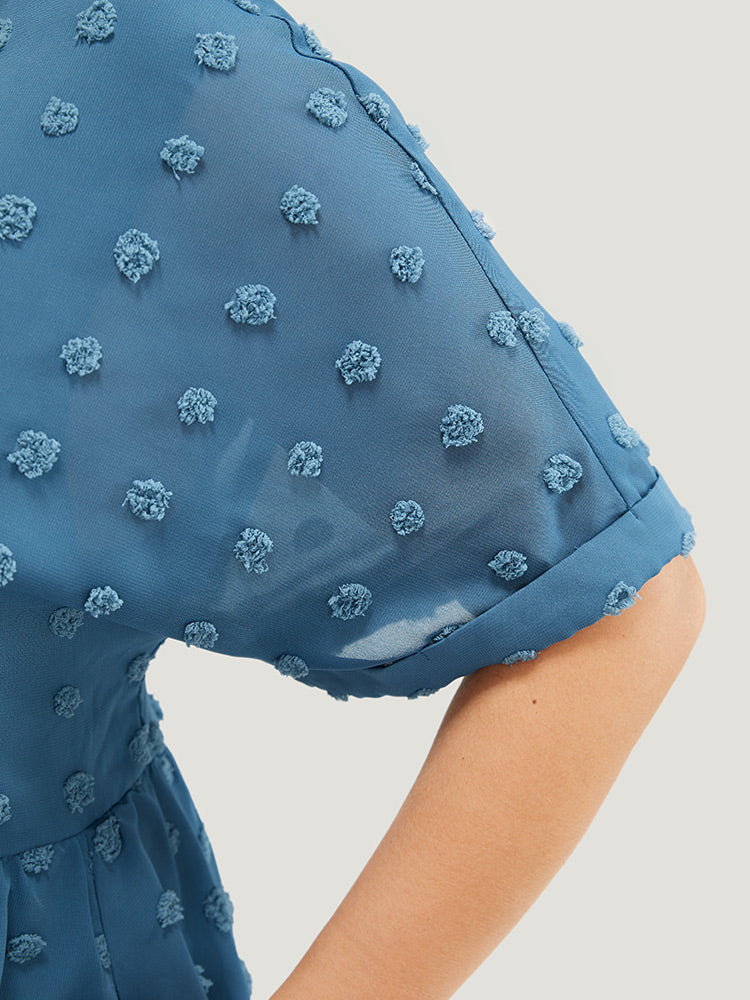 Polka Dot Pocket Roll Sleeve Mesh Flutter Hem Dress