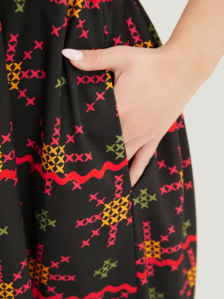 Geometric Print Ruffle Trim Pocket Ruched Detail Cami Dress