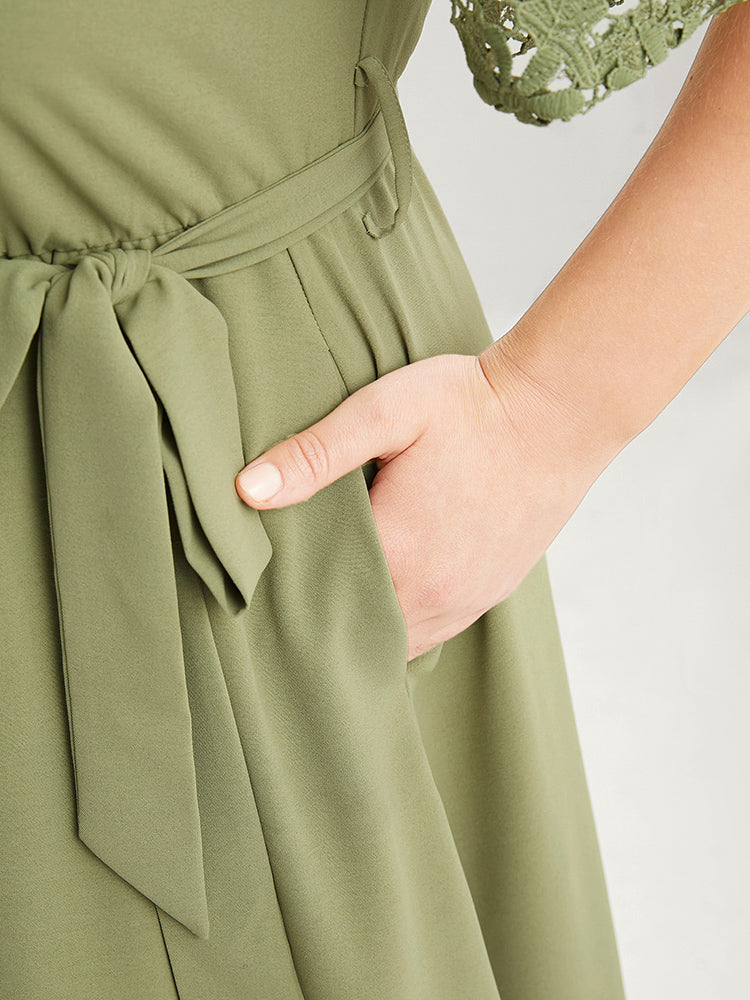 Plain Lace Patchwork Pocket Belted Arc Hem Dress