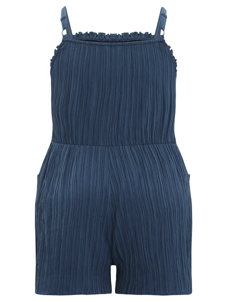 Plain Plisse Pocket Frill Trim Shirred Overall Cami Romper