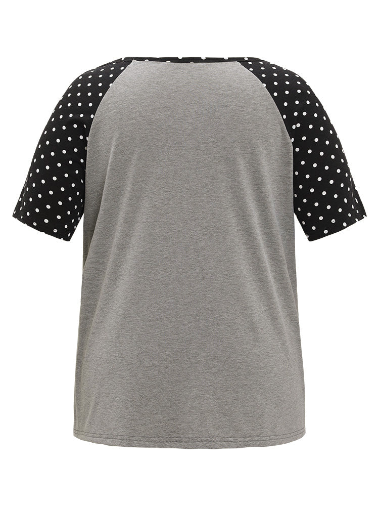 Polka Dot Patchwork V Neck Raglan Sleeve T-shirt