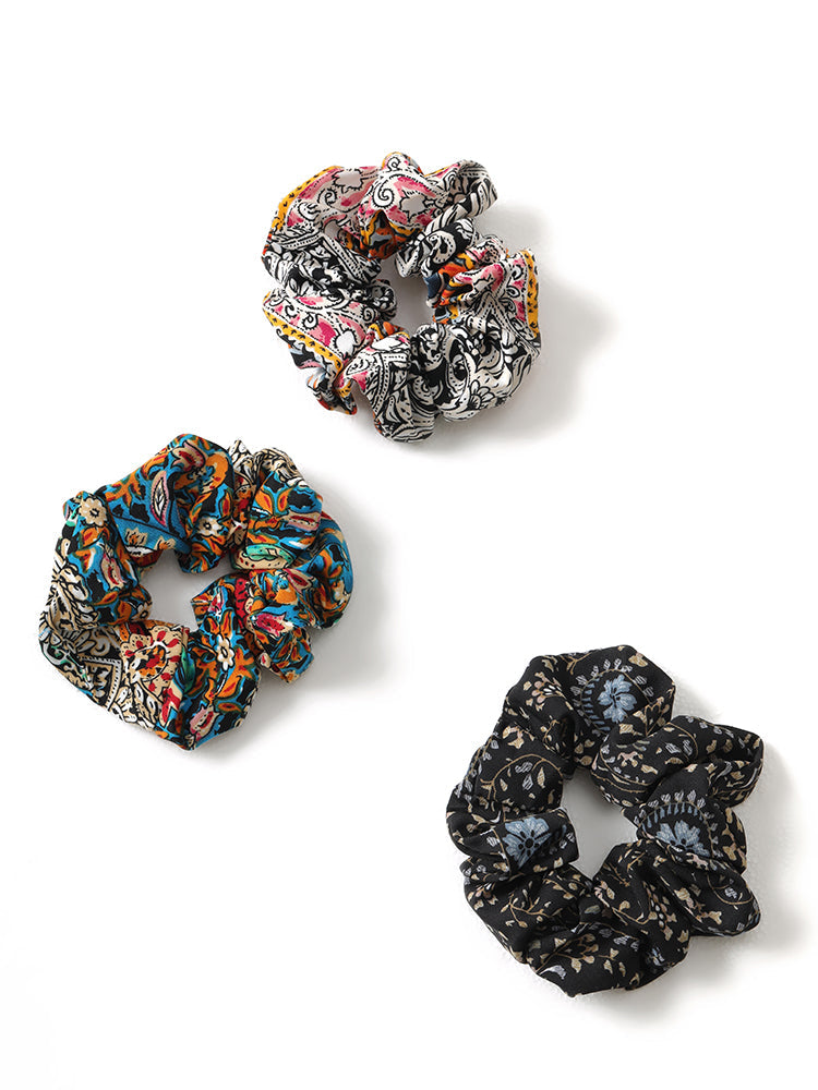 3pcs Chiffon Colored Floral & Bandana Print Hair Ties