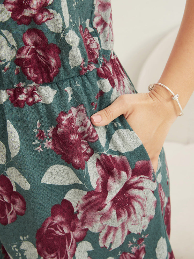 Floral Printed Pocket Lace Trim Sleep Romper