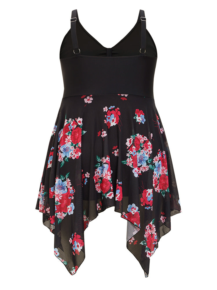 Floral Cut Out Drawstring Hanky Hem Knotted Swim Dress