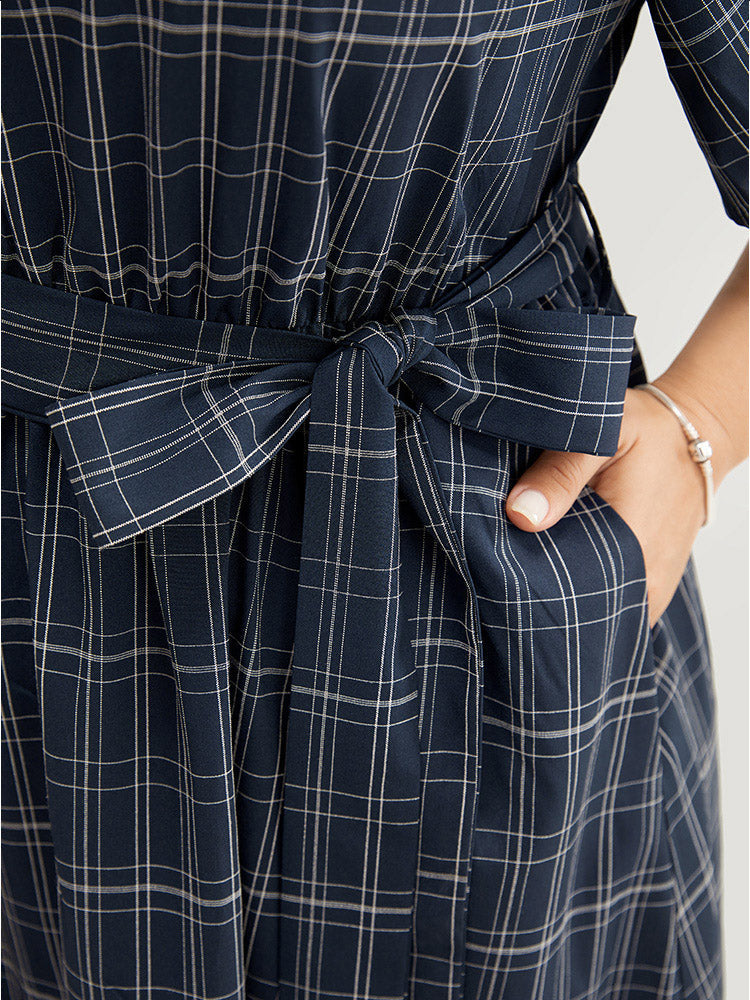 Plaid Belted Pocket Raglan Sleeve Keyhole Neck Dress