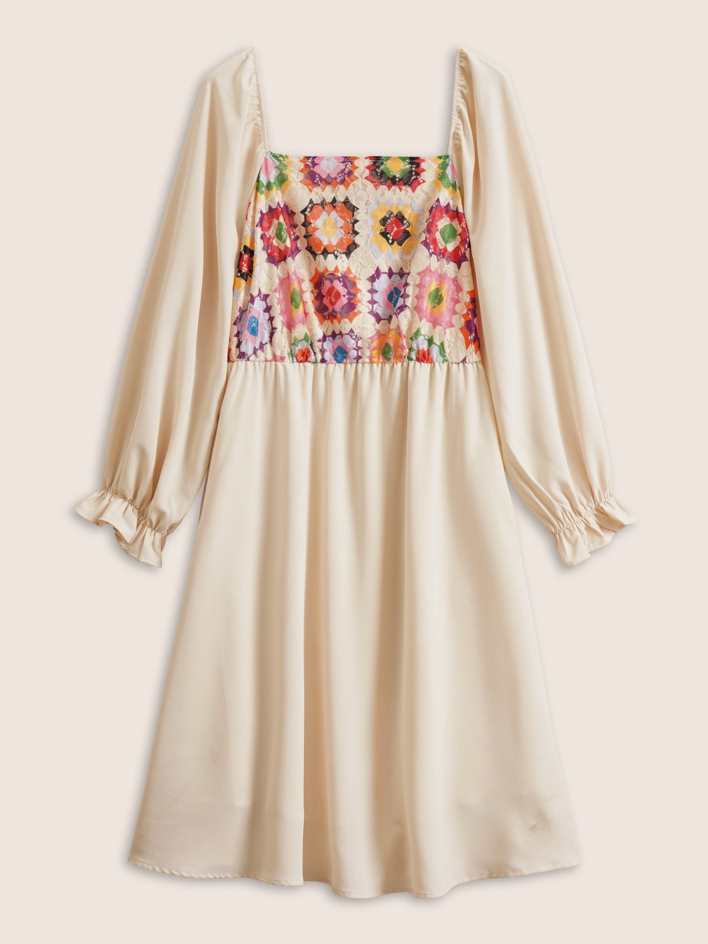 Floral Patchwork Square Neck Gathered Dress